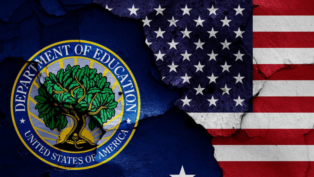 The department of education logo and an american flag.