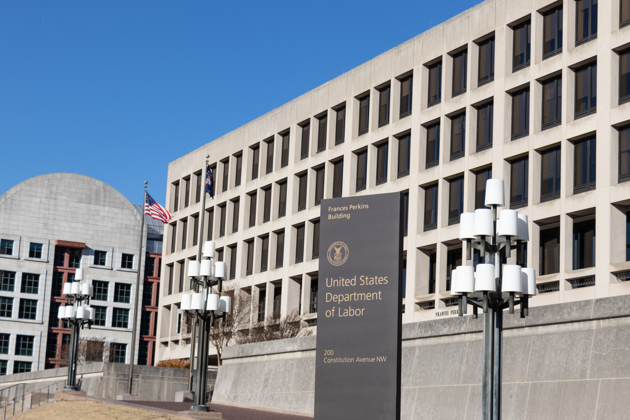 Sign on Constitution Avenue for the US Department of Labor HQ at the Frances Perkins Building in D.C.