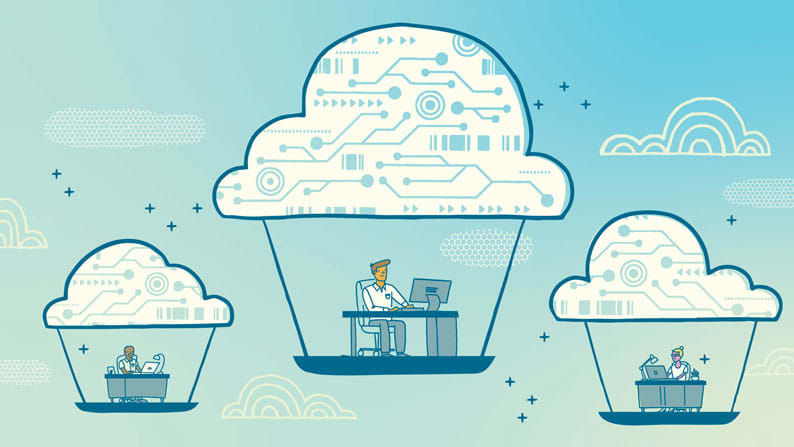 A group of people working on a computer in a cloud.