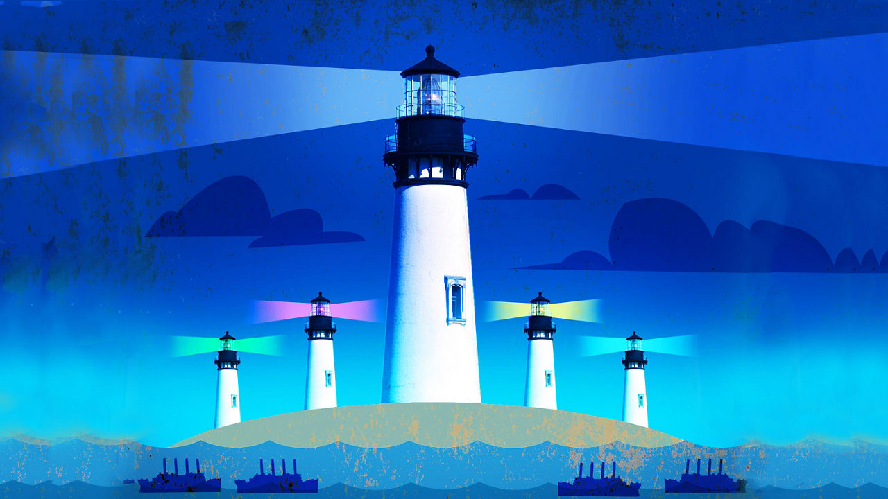 A lighthouse in the middle of the ocean.