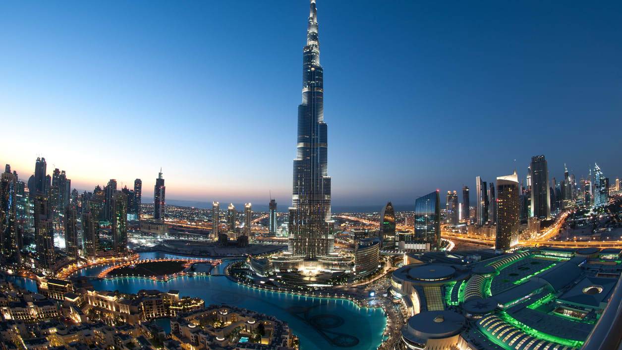The burj khalifa tower in dubai at dusk.