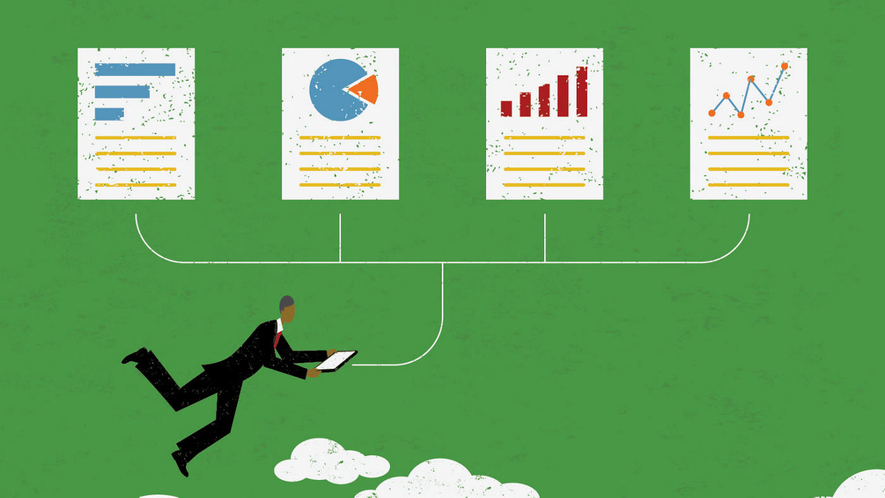 A businessman is flying through the air with a laptop and graphs.