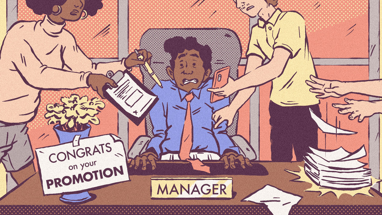 A group of people are congratulating each other on their promotion.