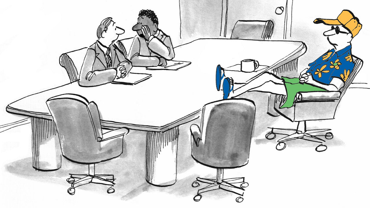 An illustration of a business meeting in progress: Two individuals in formal attire are sitting at a table engaged in conversation, while a third participant, strikingly relaxed, is in casual beachwear with a sun hat and sunglasses, legs crossed and kicked up on the table. The juxtaposition comically highlights a contrast between traditional business dress code and a more laid-back approach.
