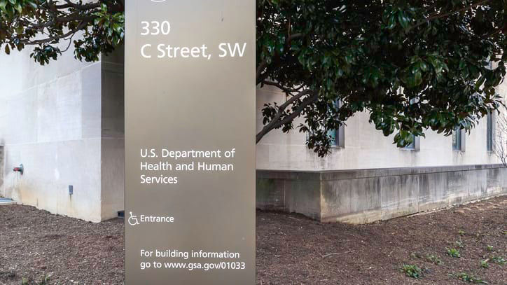 The US department of human services sign is in front of a building.