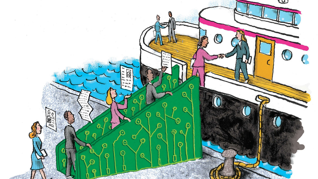 A cartoon of a group of people on a boat.