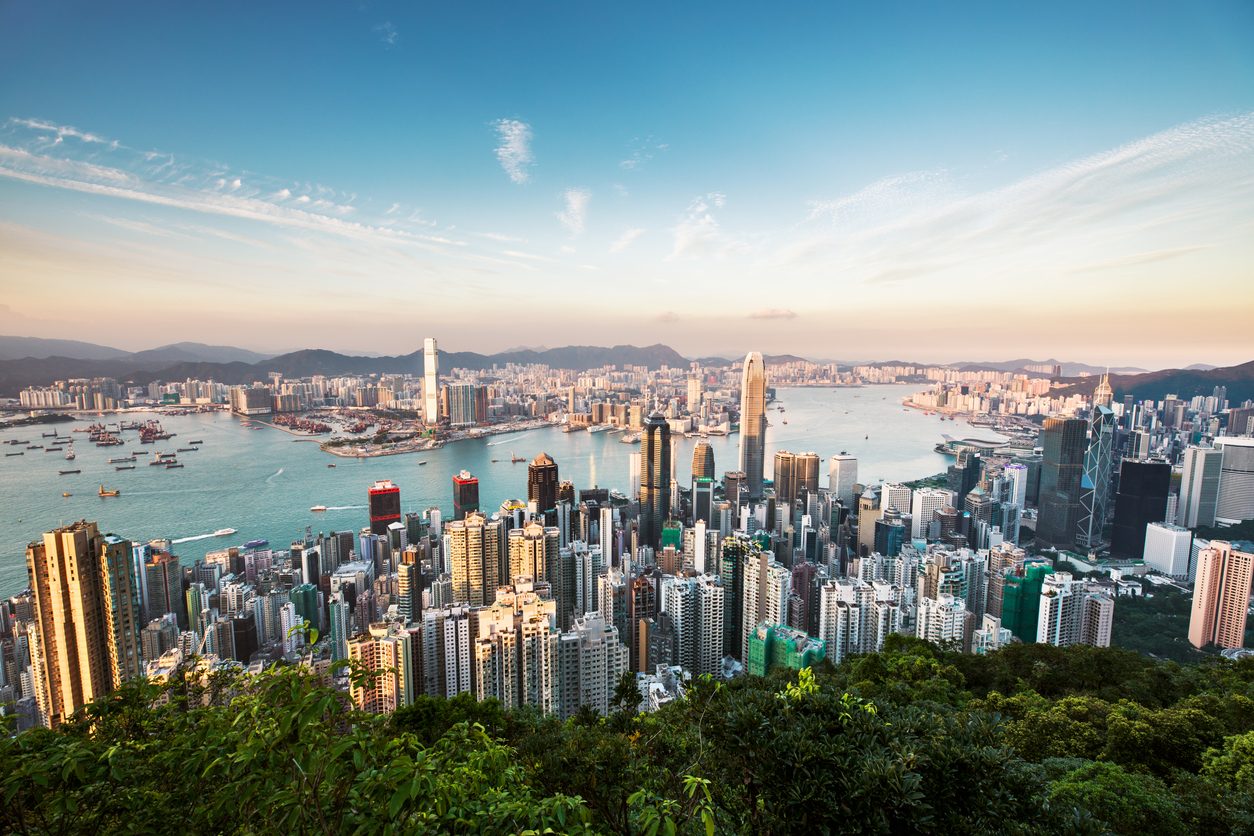 Victoria harbor of Hong Kong at sunset