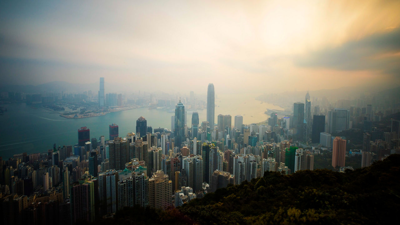 The skyline of hong kong from the top of a mountain.