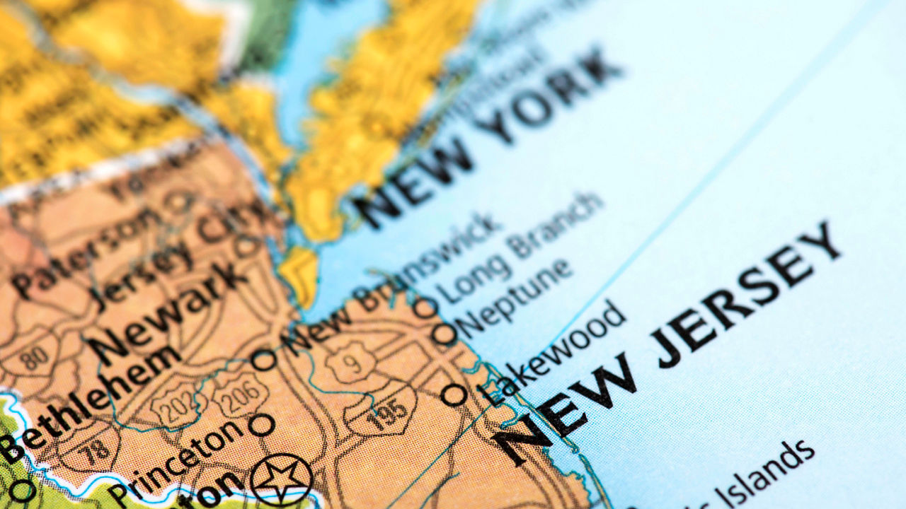 A close up of a map of new jersey.