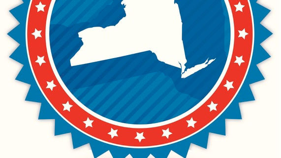A new york state map in a red, white and blue circle.