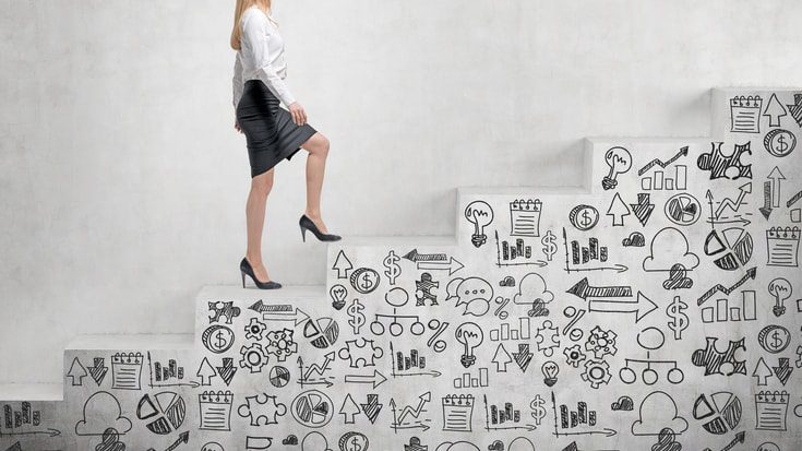 A business woman is standing on a set of stairs with doodles on them.