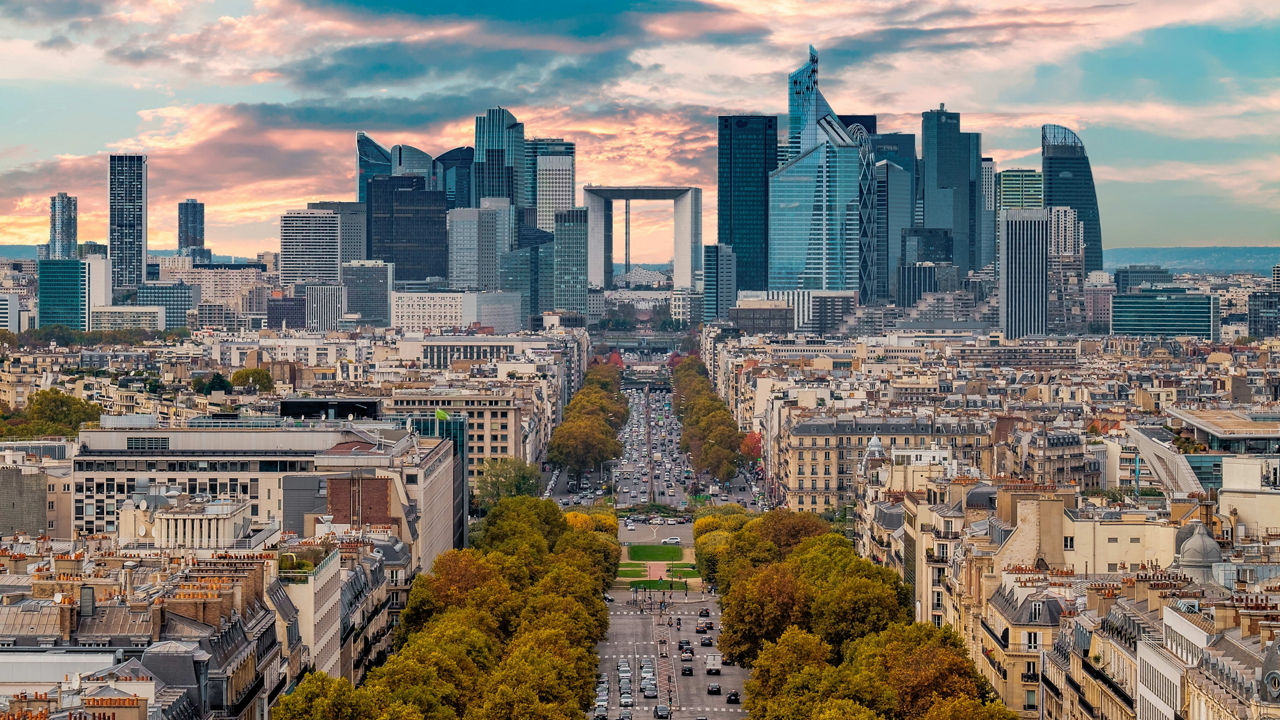 Paris skyline at sunset.