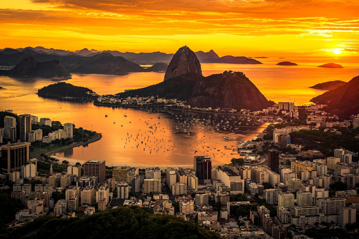 Beautiful Warm Sunrise in Rio de Janeiro With the Sugarloaf Mountain Silhouette.