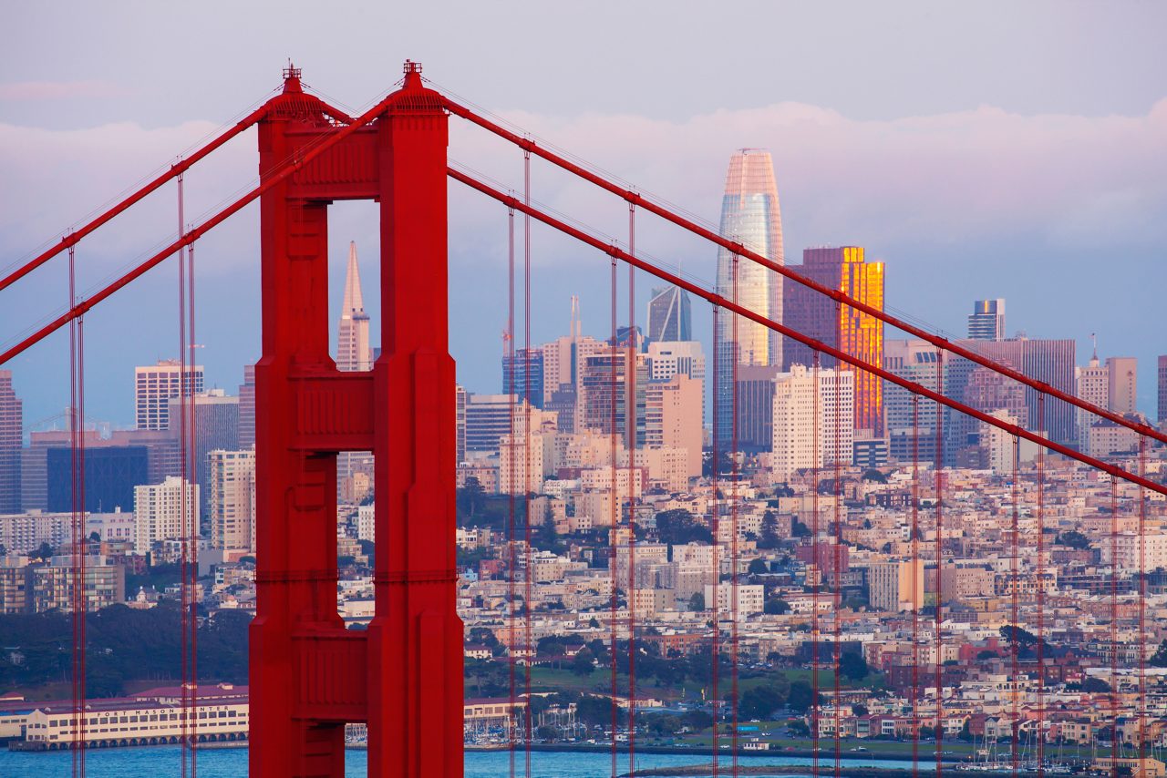 The Golden Gate Bridge with San Francisco cityscape in the background