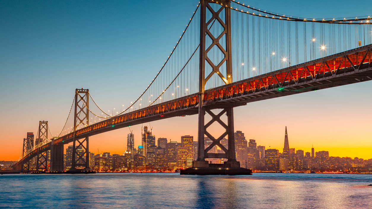 San francisco bay bridge at sunset.