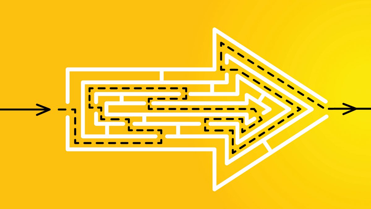 An arrow pointing to a maze on a yellow background.