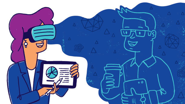 A cartoon illustration of a man and woman holding a tablet and a vr headset.