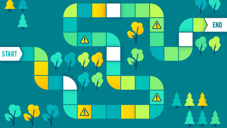 An illustration of a game board with trees and arrows.