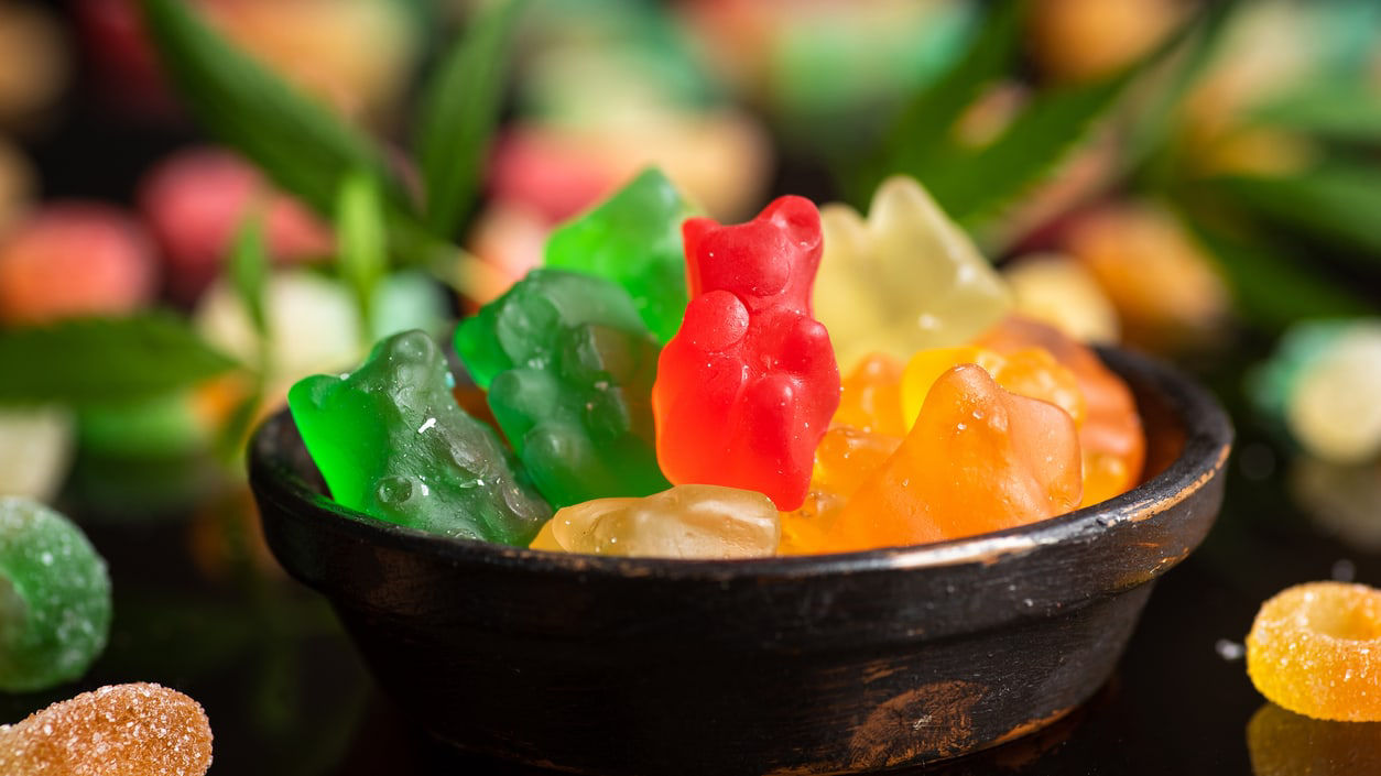 Cbd gummy bears in a bowl.