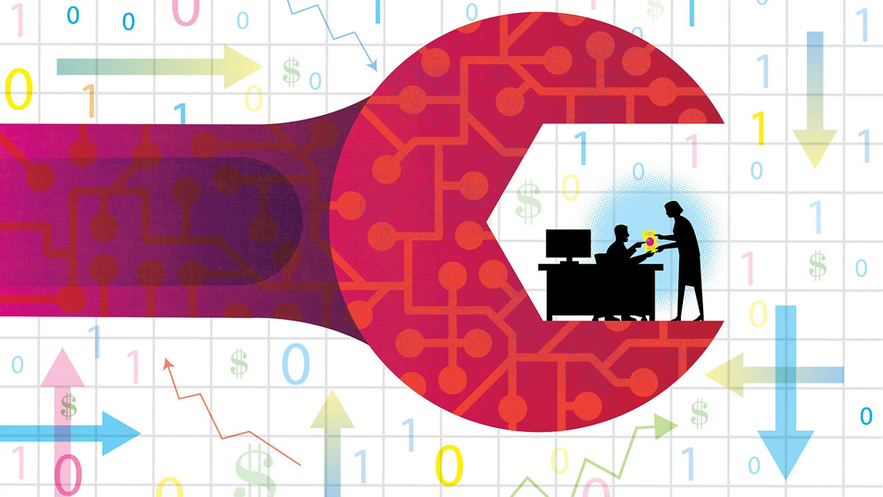 An illustration of a wrench with a person inside of it.