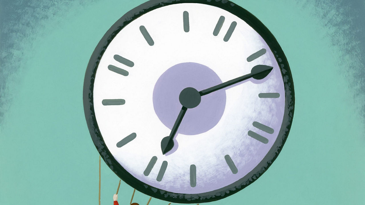 An illustration of a man holding a clock in a basket.