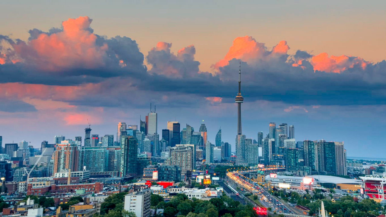 Toronto skyline at sunset.