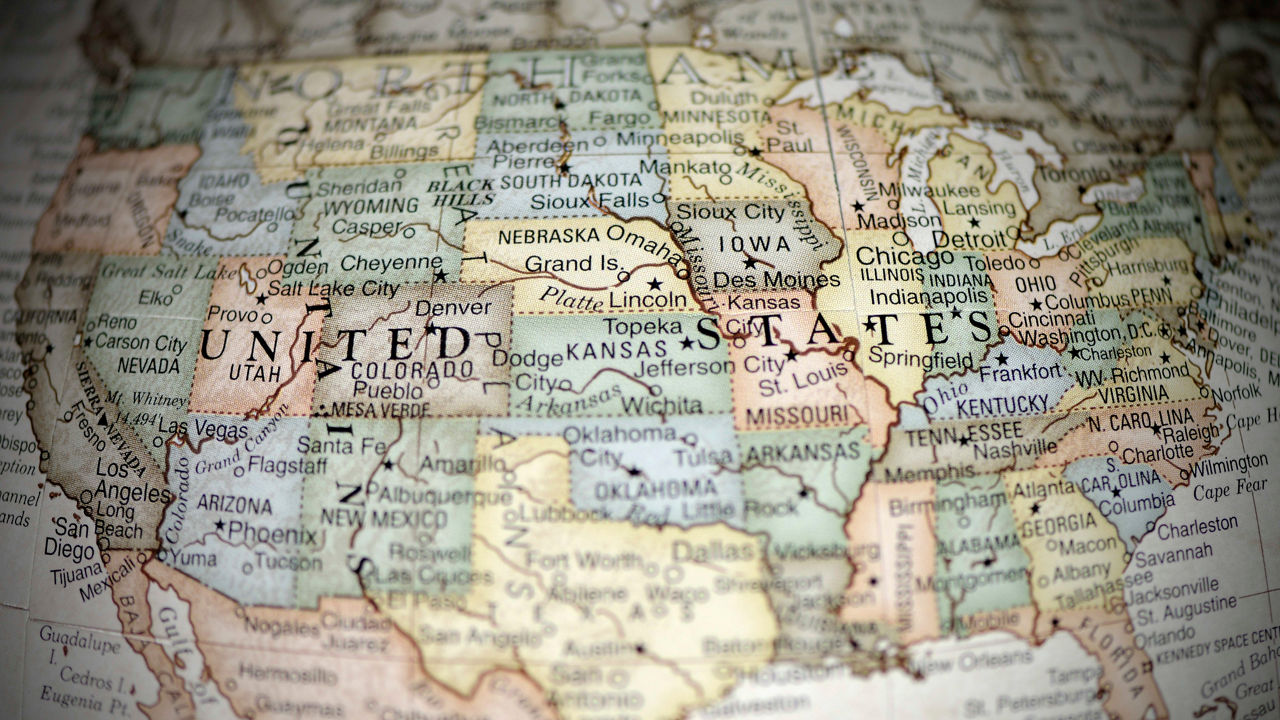 A close up of a map of the united states.