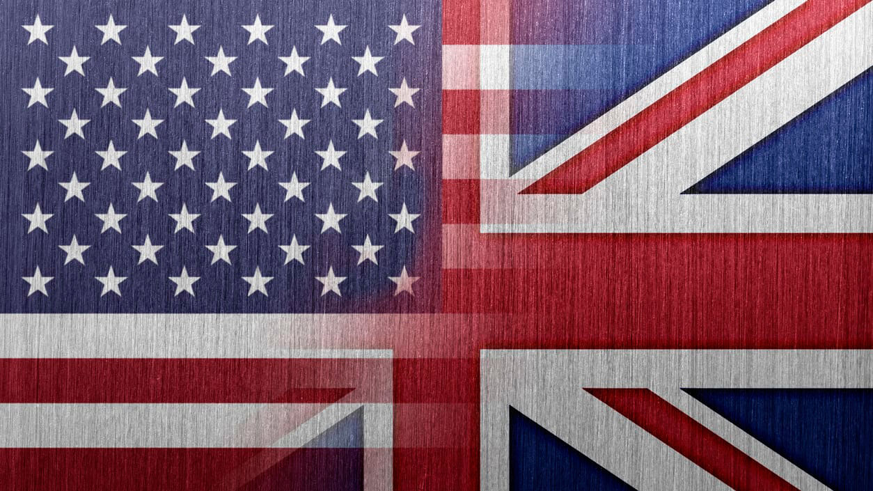 British and american flags on a metal background.