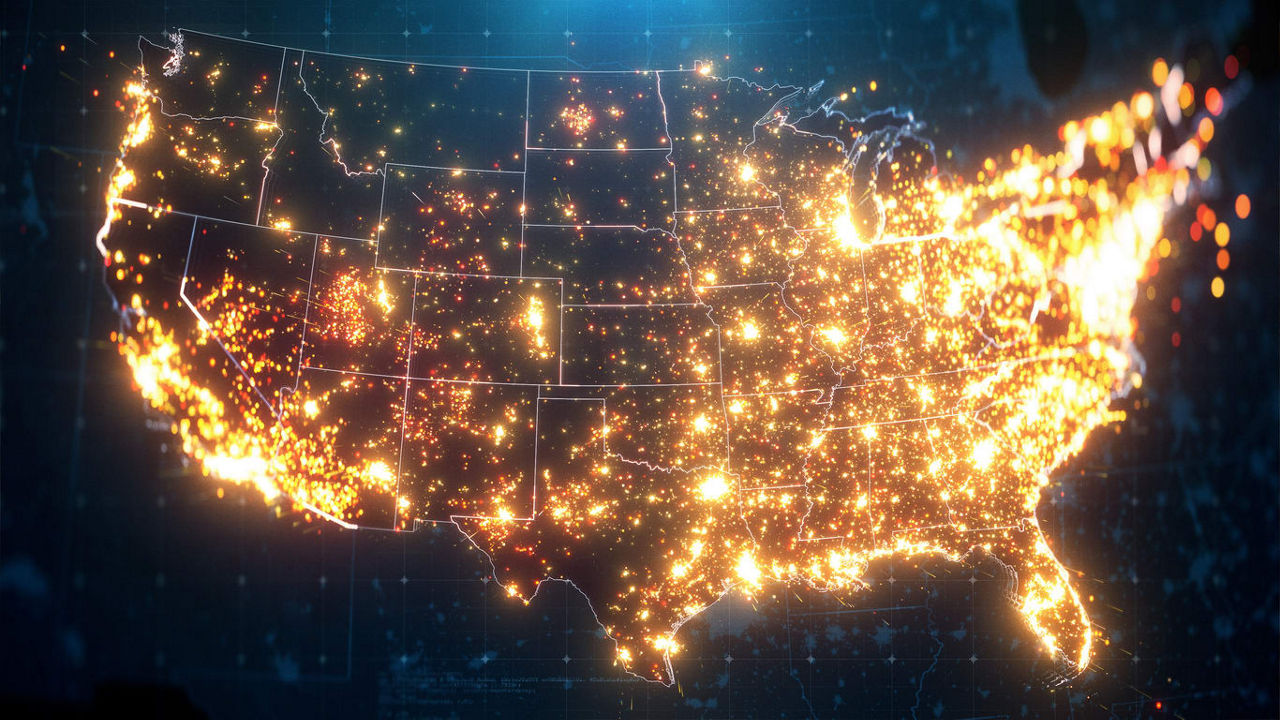 A map of the united states with glowing lights.