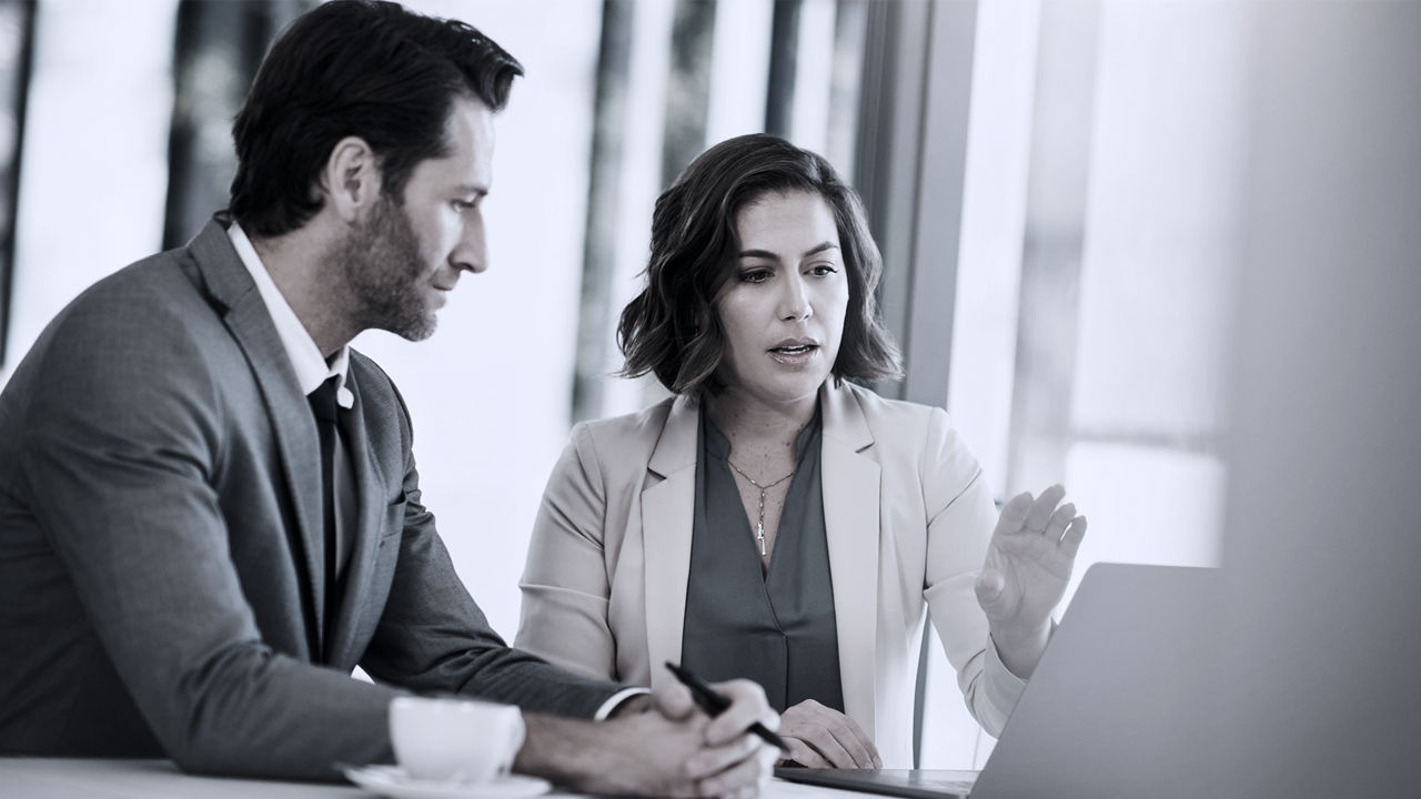 Two business leaders looking at computer and talking