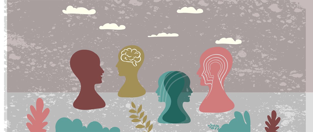 drawing of heads of different colors on gray background with clouds