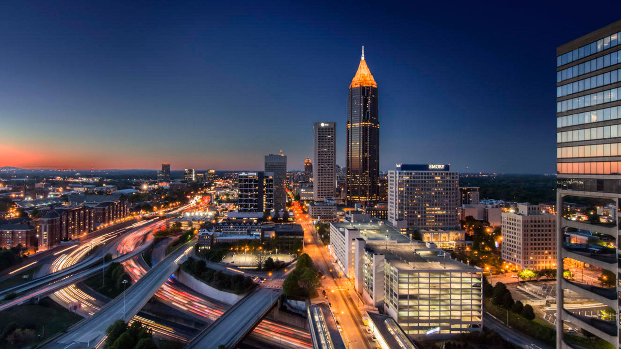 Atlanta skyline at dusk.
