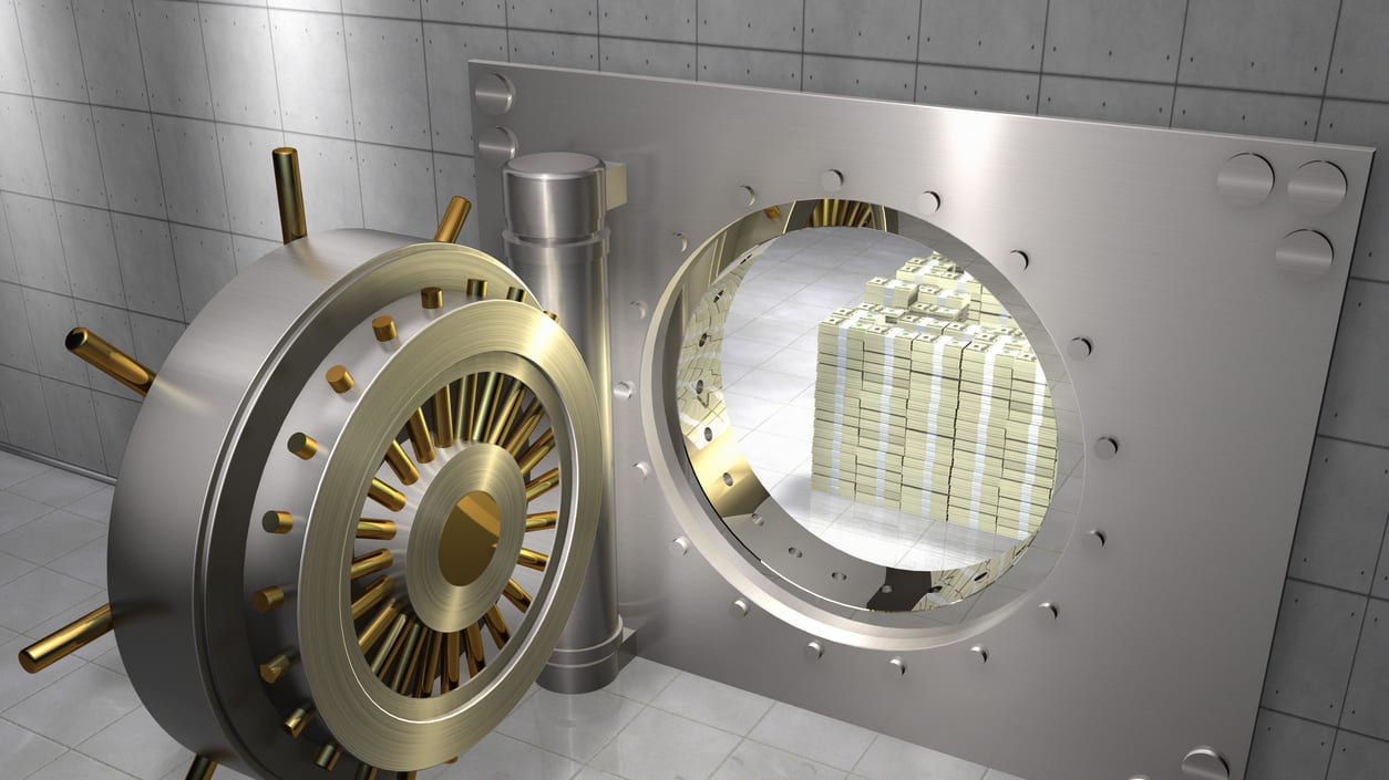 A 3d rendering of a bank vault with a gold door.