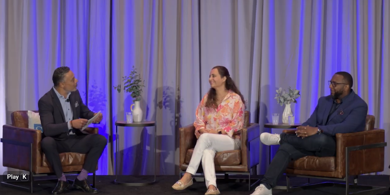 From left to right: Mo Fathelbab, Bettina Deynes, Njsane Courtney all sitting in chairs on podcast stage at SHRM26