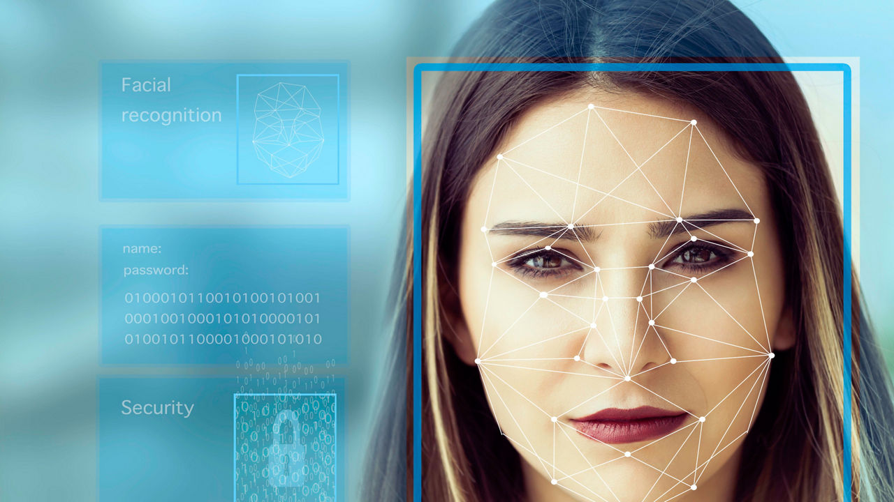 A woman's face is shown on a computer screen.