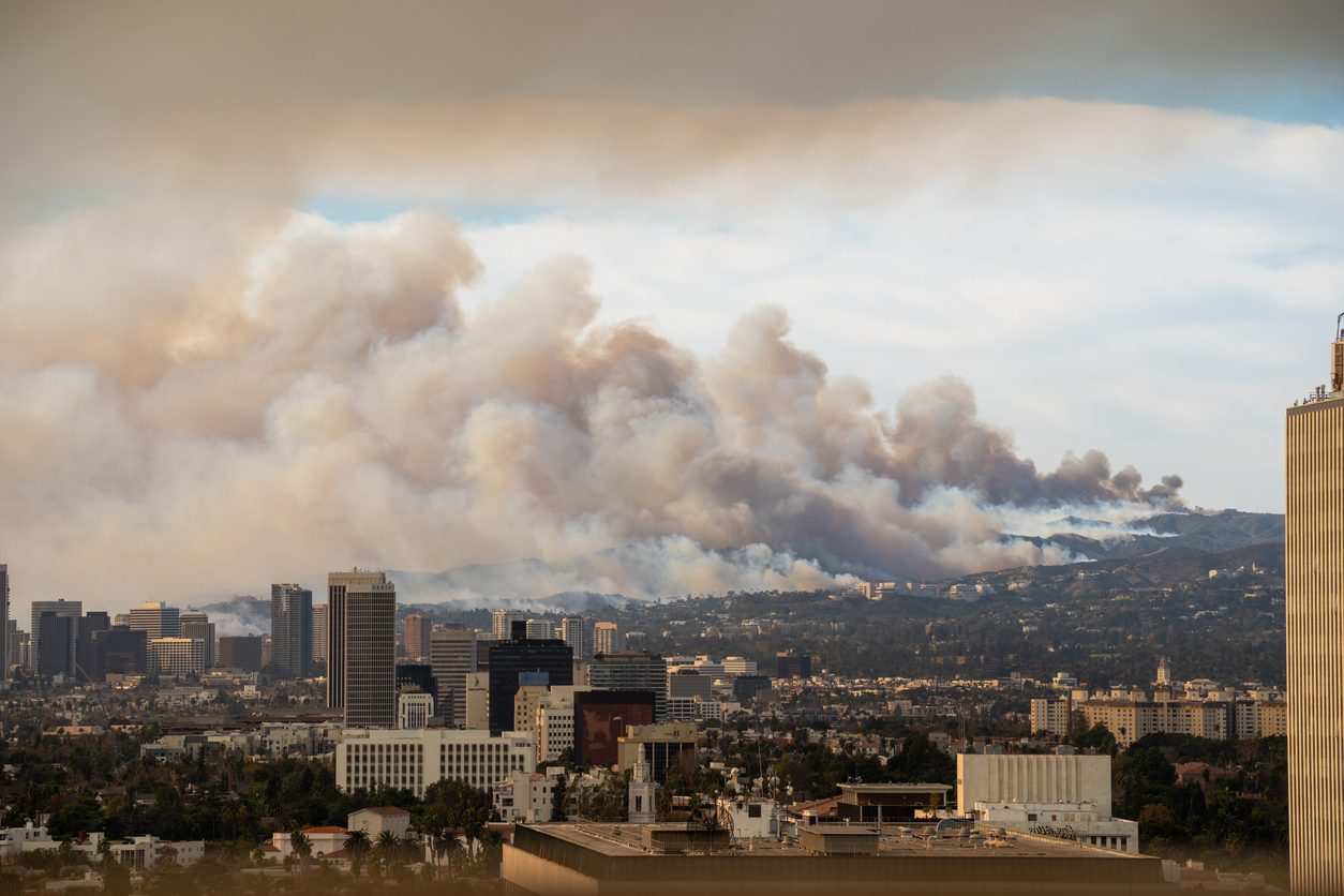 wildfire burning on hill outside los angeles