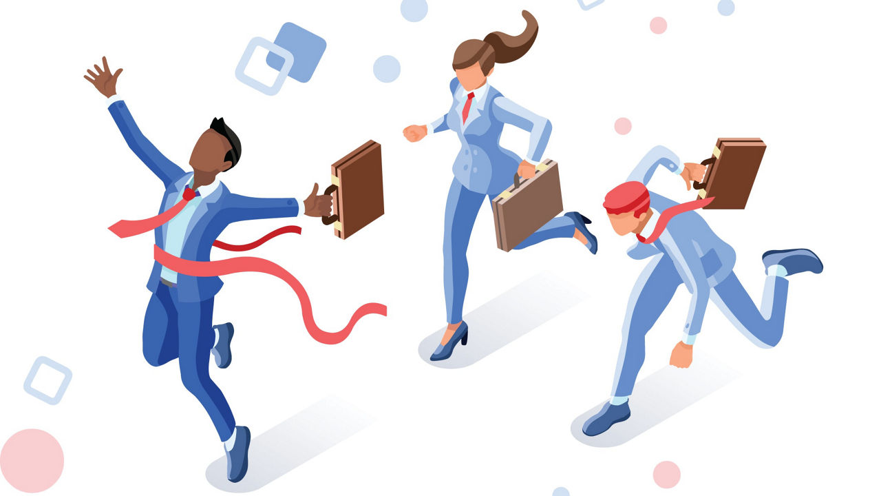 A group of business people running with briefcases.