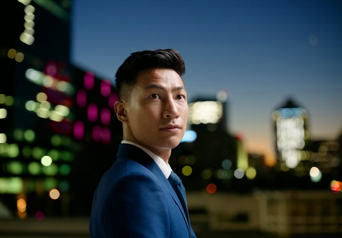 A young businessman in a business district.