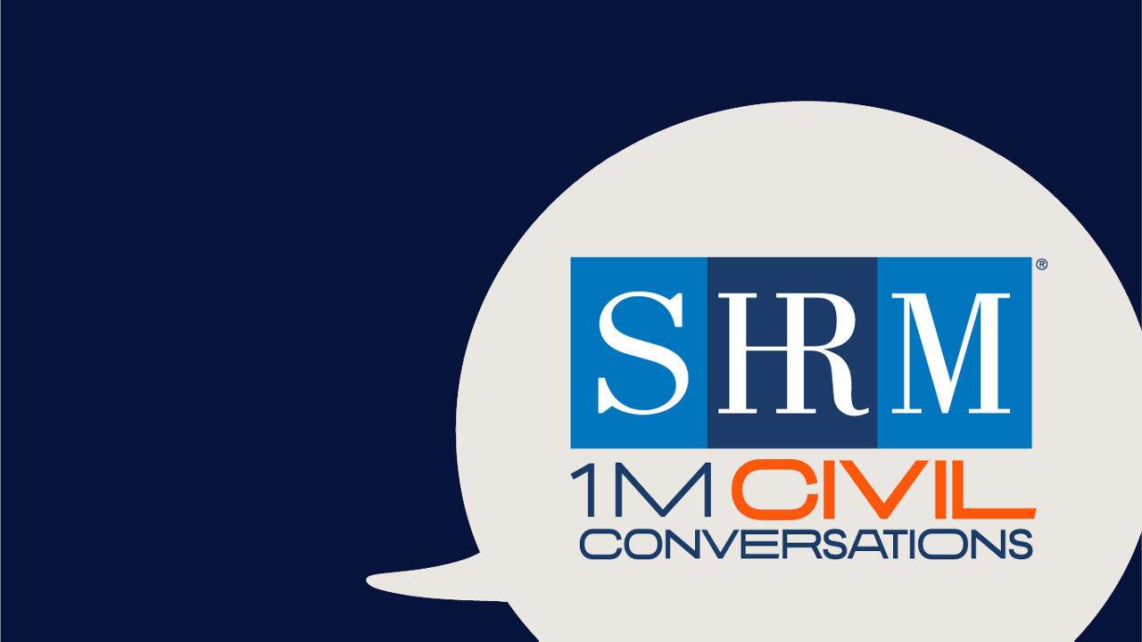 A speech balloon filled with text saying SHRM 1M Civil Conversations.