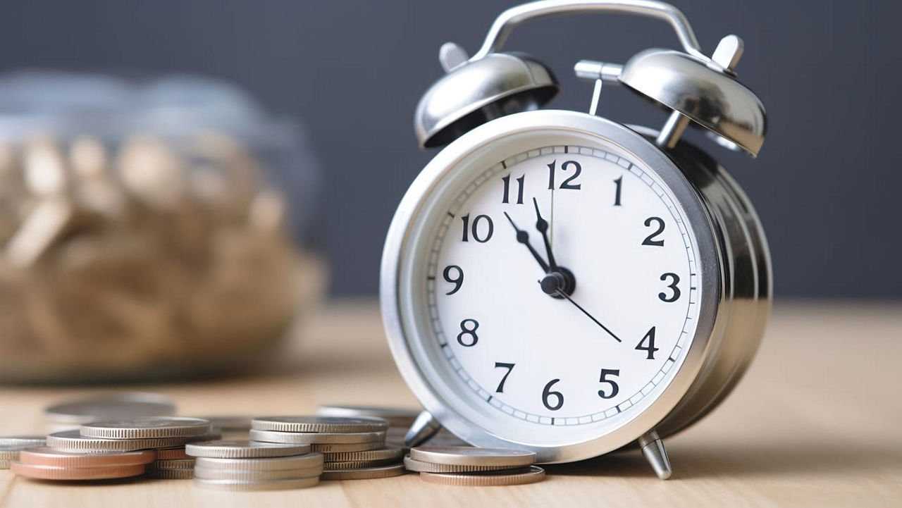 Analog alarm clock showing nearly 3 a.m. resting on stacked coins on a desk, symbolizing time changes and payroll or wage considerations.