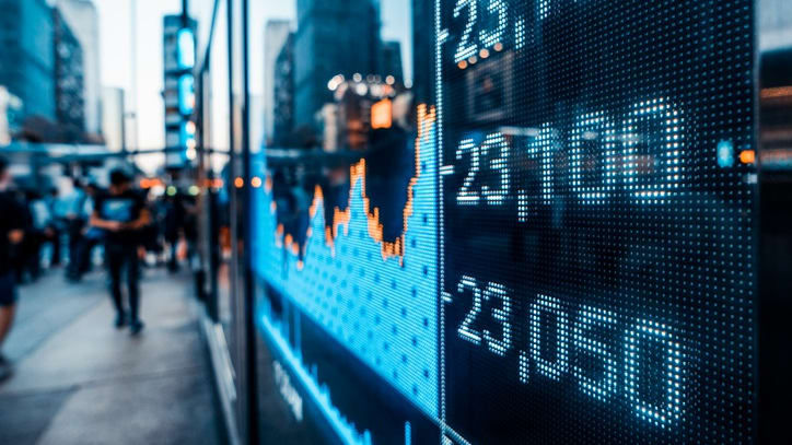 A stock market display with people walking in front of it.