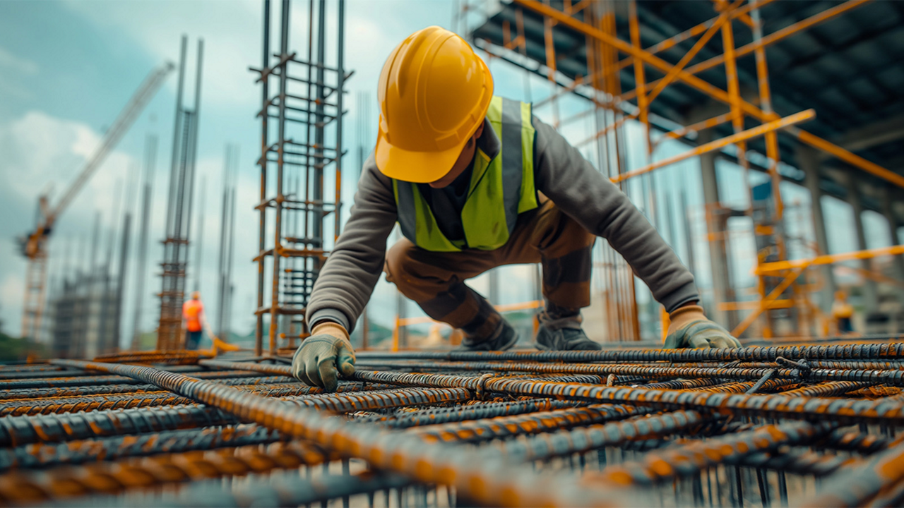 Worker Laying Rebar at Construction Site