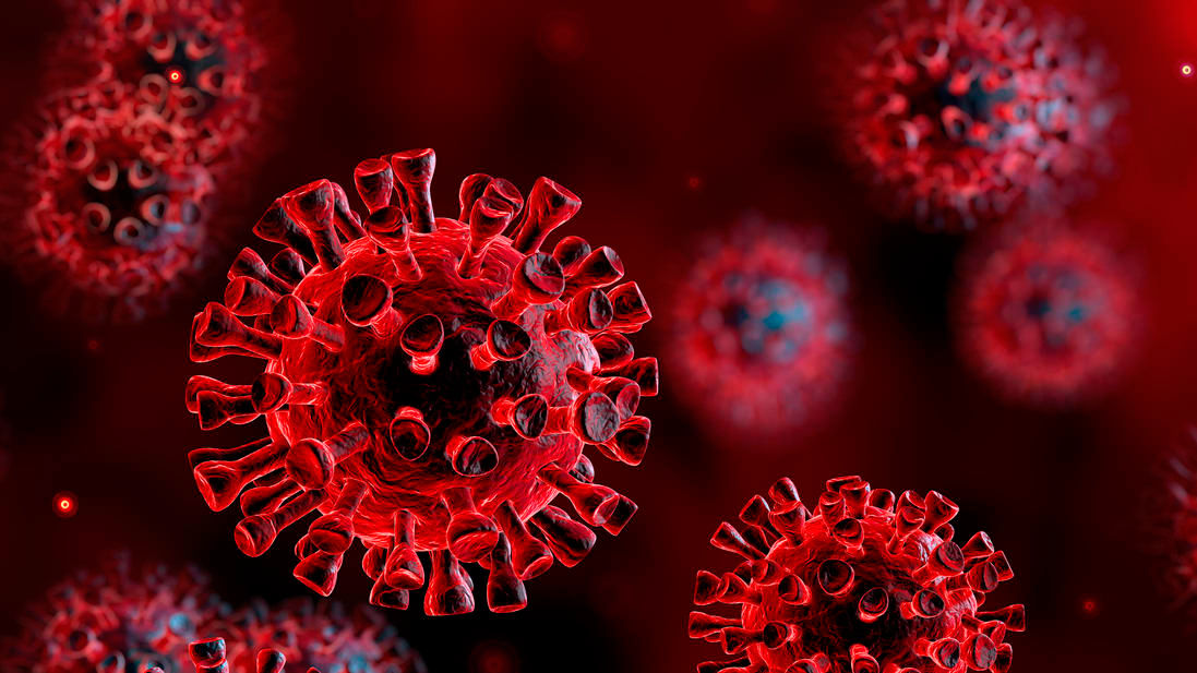 Coronaviruses on a red background.