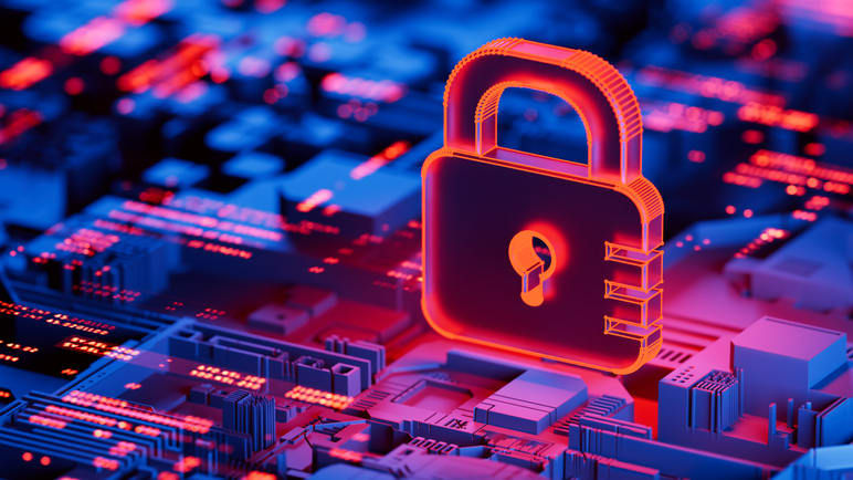 An image of a padlock on a circuit board.