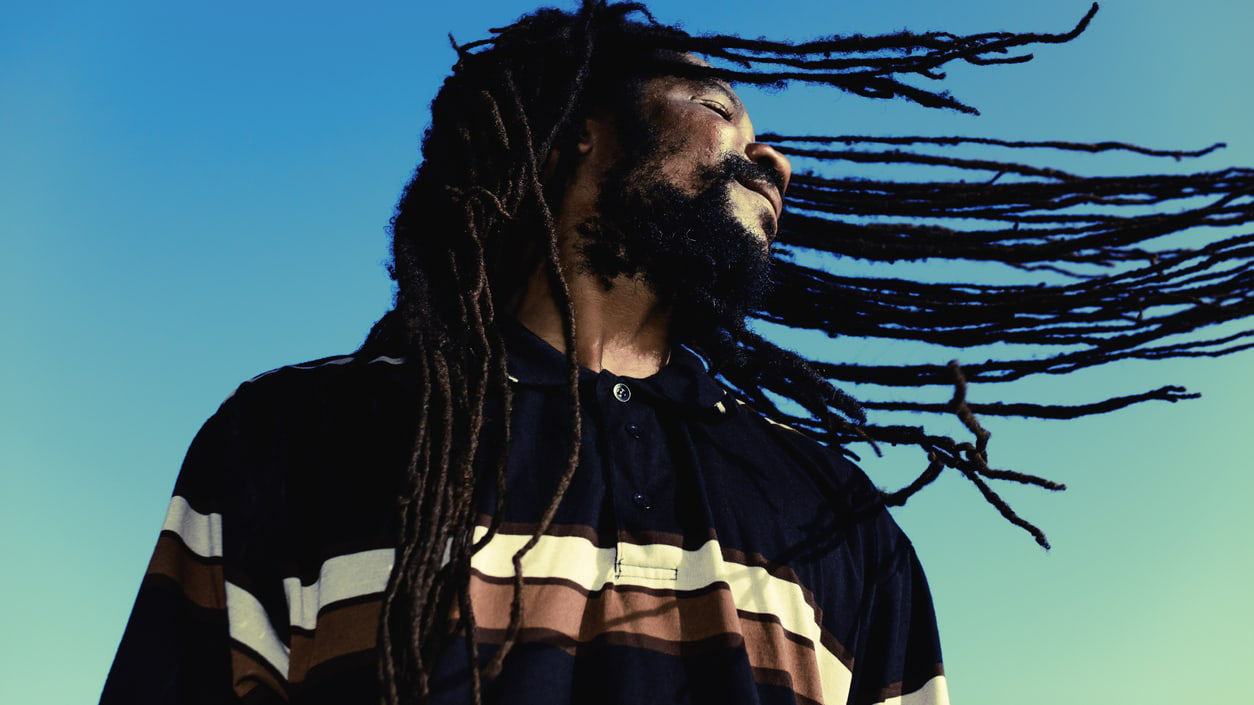 A man with dreadlocks blowing in the wind.