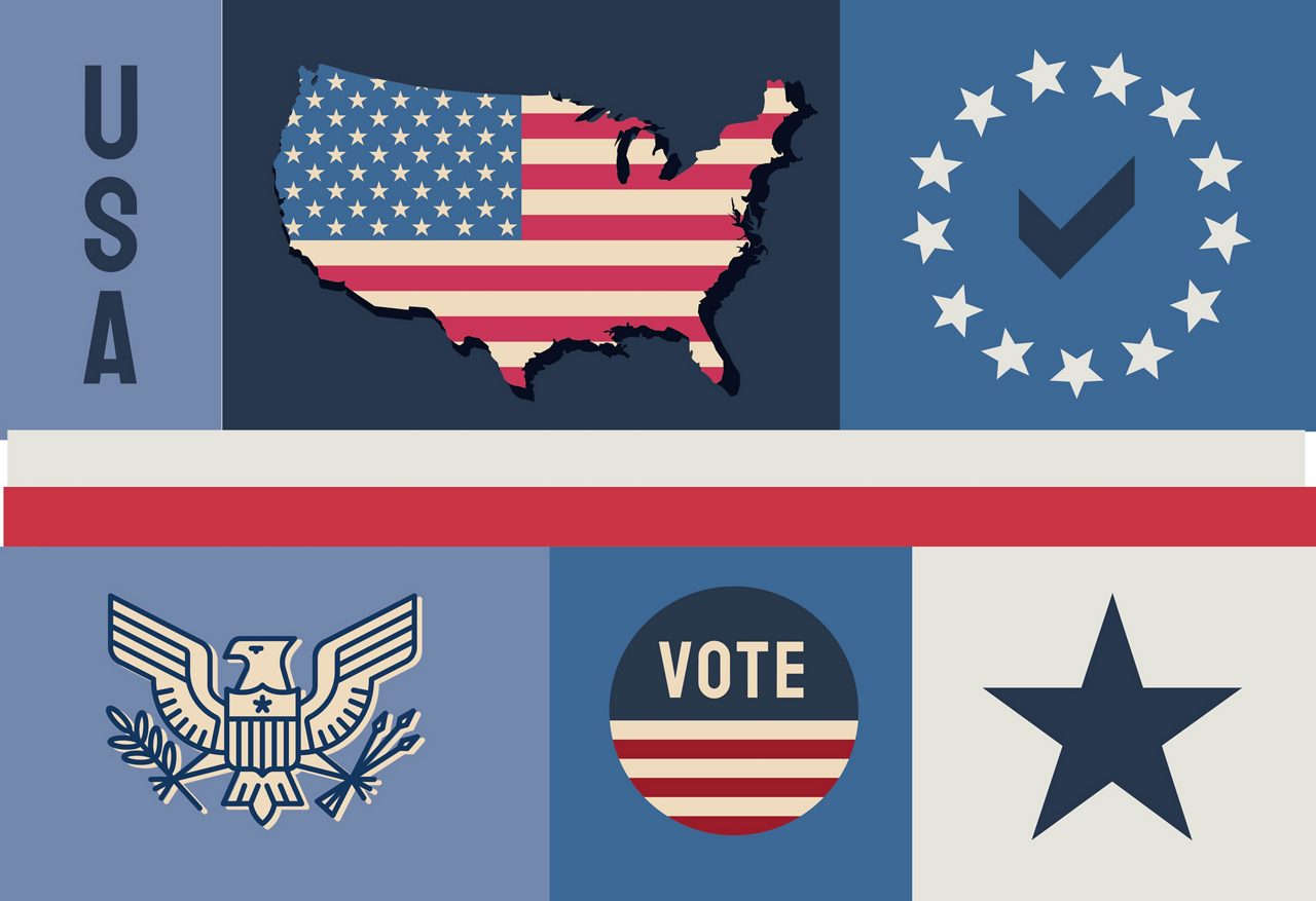 Collage showing map of U.S. with American flag superimposed over it, vote sticker, eagle, and other patriotic symbols