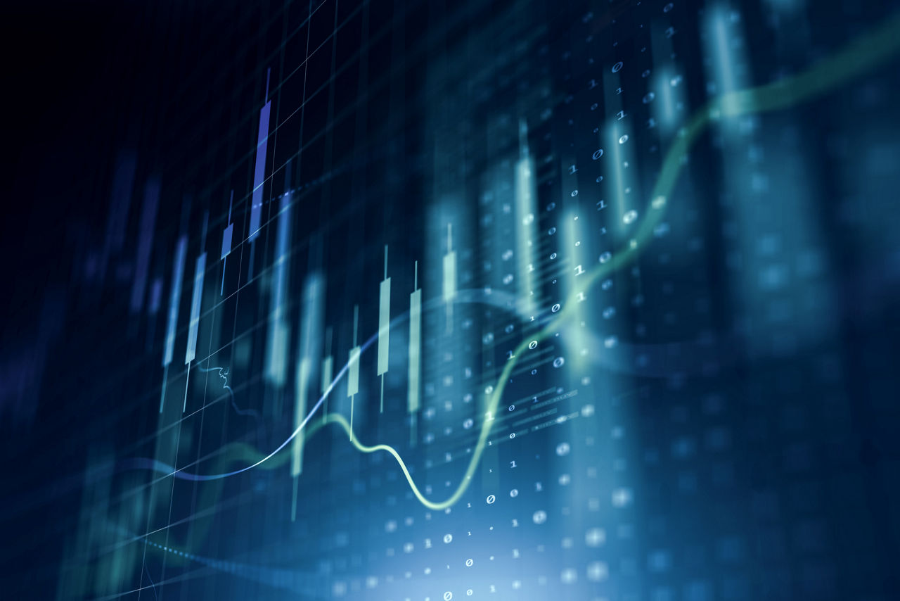 Navy blue background with data charts in mint color on top