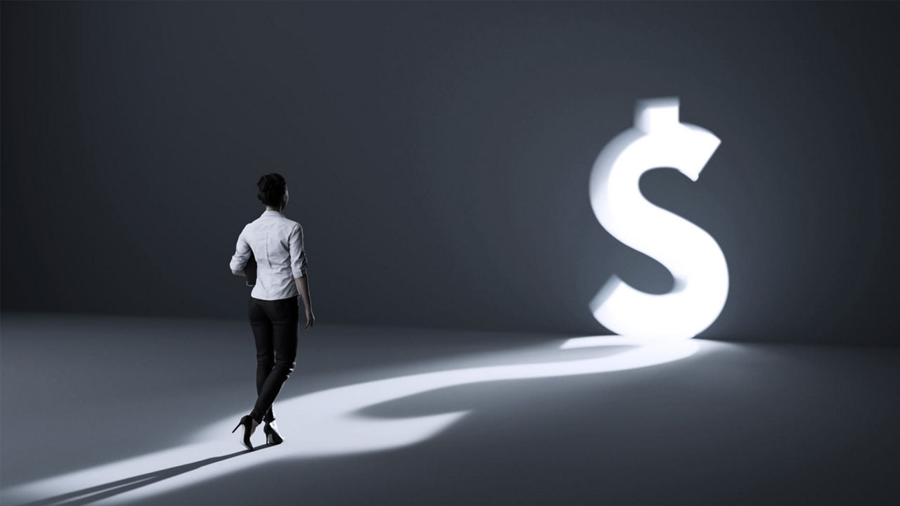 A woman standing in front of a dollar sign.