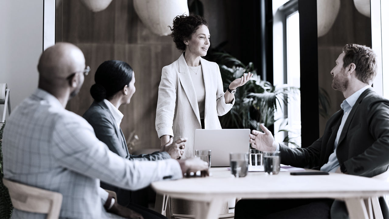 Confident businesswoman standing and actively speaking, presenting ideas to her diverse team of colleagues during a collaborative discussion around a modern conference table in a bright office space