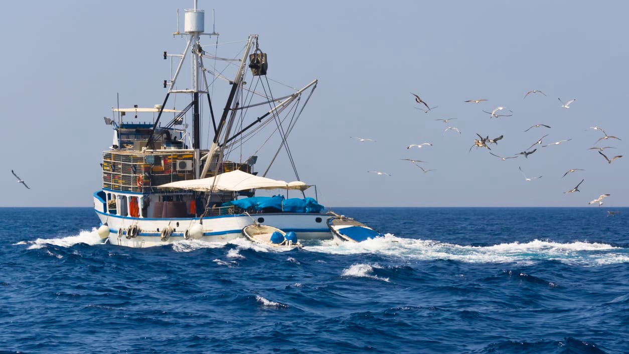 A fishing boat in the ocean with birds flying around it.